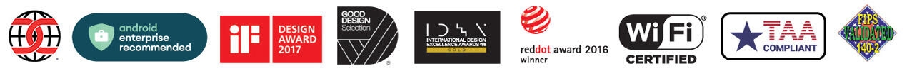 ZEBRA Common Criteria, Android Enterprise Recommended Logo, iF Design Award 2017 Logo, Good Design Selection Logo, International Design Excellence Award Logo, Reddot Award 2016 Winner Logo, WiFi Certified Logo, TAA Compliant Logo, FIPS Validated Logo