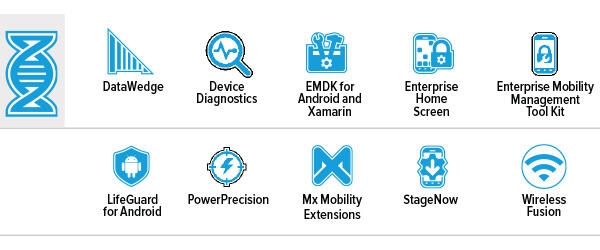 ZEBRA WS50 Android Wearable Computer Mobility DNA Icons: DataWedge, Device Diagnostics, EMDK for Android and Xamarin, Enterprise Home Screen, E?nterprise Mobility Management Tool Kit, LifeGuard for Android, PowerPrecision, Mx Mobility Extensions, StageNow, Wireless Fusion