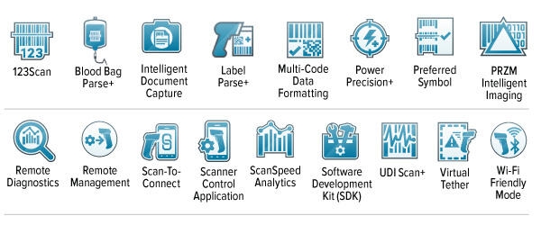 ZEBRA DS3600-KD Ultra-Rugged Scanner DNA Mobility Icons: 123Scan, Blood Bag Parse+, Intelligent Document Capture, Label Parse+, Multi-Code Data Formatting, Power Precision+, Preferred Symbol, PRZM Intelligent Imaging, Remote Diagnostics, Remote Management, Scan-To-Connect, Scanner Control Application, ScanSpeed Analytics, Software Development Kit (SDK), UDI Scan+, Virtual Tether, Wi-Fi Friendly Mode