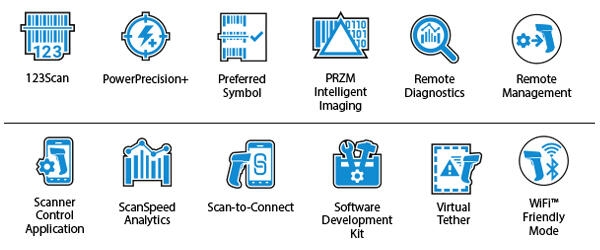 ZEBRA LI3600-ER Ultra-Rugged Scanner DNA Mobility Icons: 123Scan, PowerPrecision+, Preferred Symbol, PRZM Intelligent Imaging, Remote Diagnostics, Remote Management, Scanner Control Applications, ScanSpeed Analytics, Scan-to-Connect, Software Development Kit, Virtual Tether, Wi-FI Friendly Mode